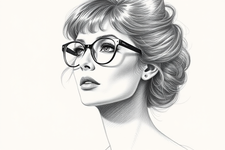 Beautiful Sophia Loren, pencil sketch, portrait of beautiful woman 60s in glasses, hair style beatnik, outline, clear lines, fine lines, 8k