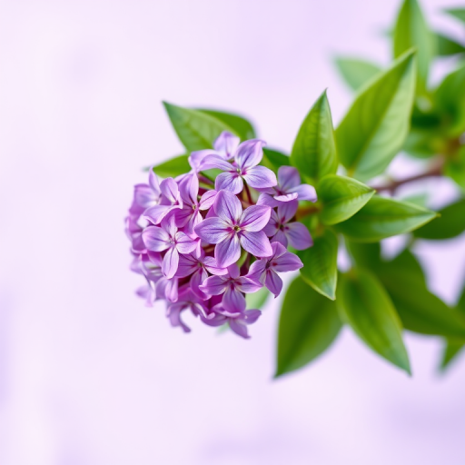 Create a high-resolution digital illustration of a cluster of purple flowers with green leaves on a soft lavender background, using a DSLR camera with 50mm lens, aperture f/2.8, ISO 100, natural lighting, and a shallow depth of field to enhance details and colors.