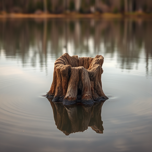 Capture a serene landscape featuring a weathered tree stump emerging from calm water, surrounded by soft, muted reflections of trees, shot with a DSLR camera at f/8 aperture, 1/200 sec shutter speed, ISO 100, using a 50mm lens at eye level to emphasize detail and clarity in natural light.