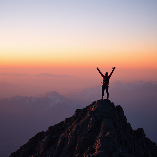 Crisp, high-resolution image of a mountain peak at dawn, soft pink and orange hues painting the sky, a lone climber standing at the summit, arms raised in triumph, snow-covered peaks in the background, long shadows stretching across the landscape.