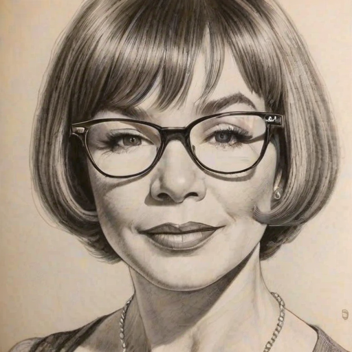 Graceful Shirley MacLaine, pencil sketch, portrait of Splendid woman 1978s in glasses, hair style beatnik, outline, clear lines, fine lines, 8k