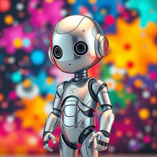 Regenerate a highly detailed 3D rendering of a shiny metallic humanoid robot child standing against a colorful abstract background, using a DSLR camera with a 50mm lens, f/1.8 aperture, ISO 100, shot at a 45-degree angle for depth, in high dynamic range to enhance contrast and vibrancy.