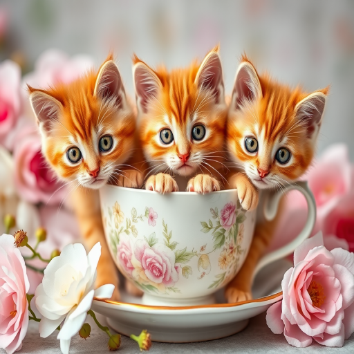 Three fluffy orange tabby kittens with big green eyes sitting adorably in a vintage floral teacup surrounded by soft pastel flowers, shot with a Canon EOS R5, 50mm lens, f/1.8 aperture, ISO 100, soft natural lighting, shallow depth of field for a dreamy background effect.
