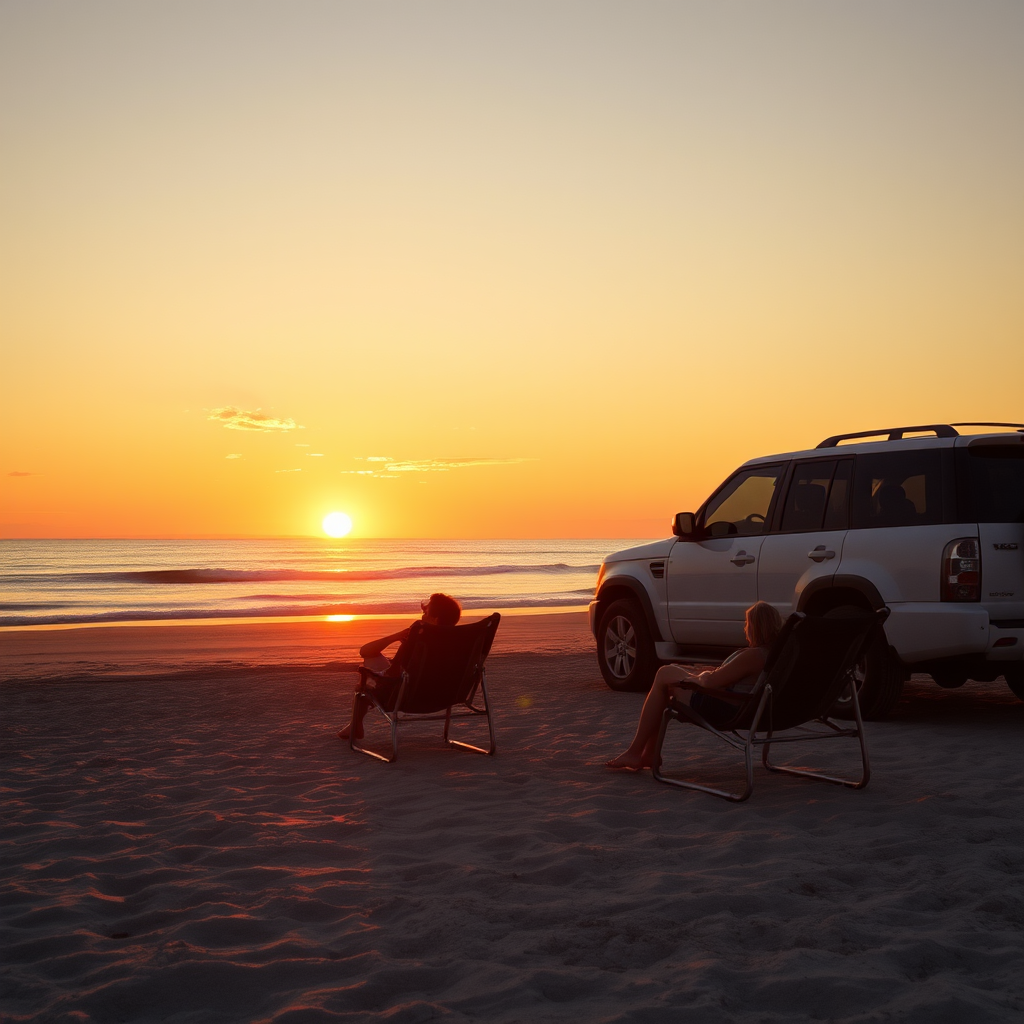 sunset beach scene with a white SUV parked near the shore, two people relaxing in beach chairs, captured with a DSLR camera, aperture f/2.8, ISO 100, shutter speed 1/200s, wide-angle lens, golden hour lighting