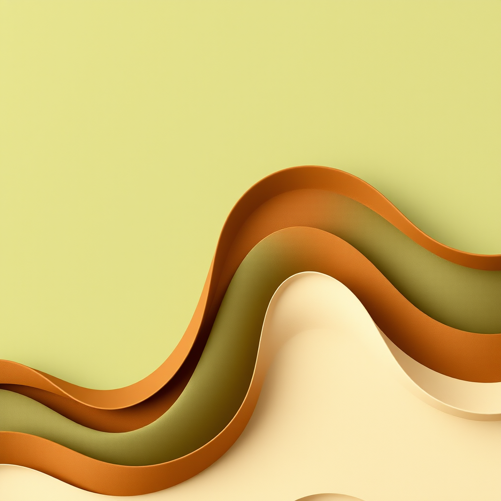 Create an abstract image featuring wavy lines in earthy tones of green, brown, and cream against a solid background, captured with a DSLR camera at f/8 aperture, ISO 100, 50mm lens, focusing on smooth gradients and soft textures, photographed from a top-down view in minimalistic style.