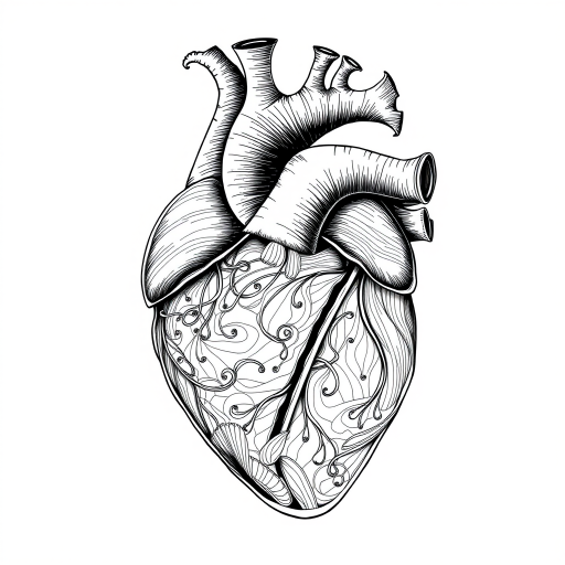 create a highly detailed black and white illustration of a human heart with intricate line work and organic shapes, using a Canon EOS R5, 50mm lens, f/2.8 aperture, 1/200s shutter speed, and soft natural lighting for enhanced clarity and depth.