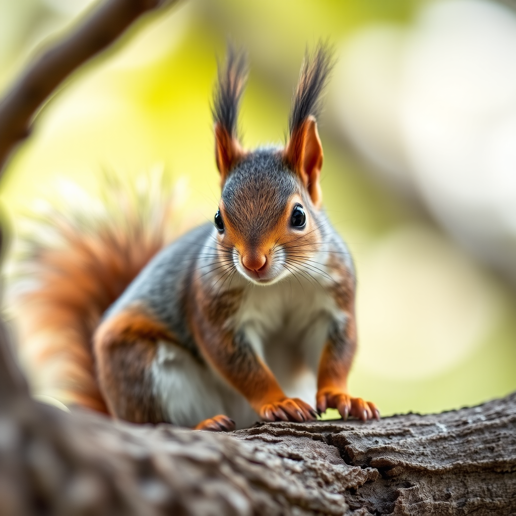 A close-up shot of a squirrel perched on a tree branch, with detailed fur texture and vibrant colors, captured with a Canon EOS R5, 85mm lens, f/2.8 aperture, ISO 200, and a 1/500s shutter speed in natural soft light.