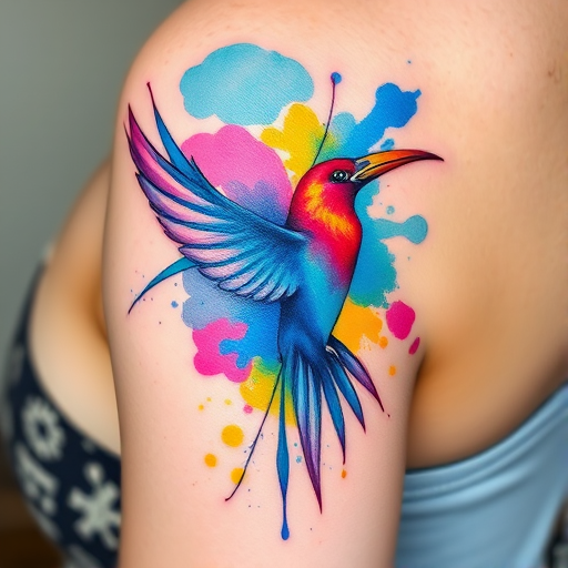 Vibrant watercolor splash tattoo named "Chromatic Cascade" featuring a swirling blend of cerulean blue, magenta, and sunflower yellow hues, creating an abstract representation of a tropical bird in flight, with delicate linework outlining the bird's form amidst the colorful chaos, suitable for placement on the upper arm or back