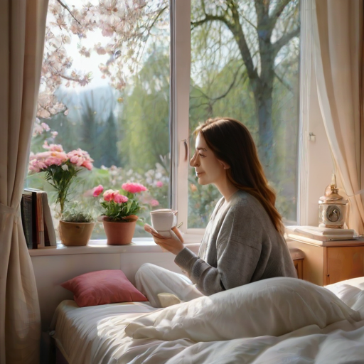 Cozy bedroom with a woman sipping tea on her bed, surrounded by pillows and books, and a window showing a beautiful view of a blossoming garden.