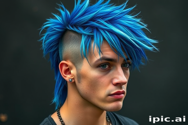 Edgy rock star sporting a choppy, layered mullet with electric blue tips and shaved sides, styled for maximum volume and attitude