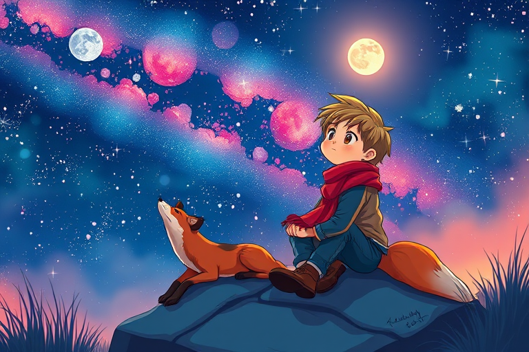 Create a vibrant illustration of a young boy with a scarf sitting on a rock beside a fox, gazing at a starry sky filled with a galaxy, moon, and twinkling stars, captured with a DSLR camera at f/1.8, ISO 100, 35mm lens, low angle view, vivid colors, high contrast.