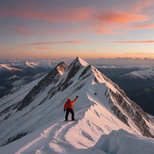 Crisp, clear shot of a mountain peak at sunrise, climber standing at the summit, arms raised in victory, bright orange and pink clouds in the sky, snow-covered peaks in the background, ice axe planted in the ground beside them, soft shadows across the snow, wind whipping the climber's jacket.