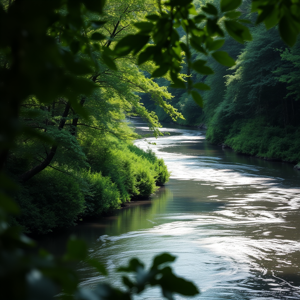Soft-focus image of a tranquil river winding through a lush green forest, soft light filtering through the leaves, creating a serene and peaceful atmosphere.
