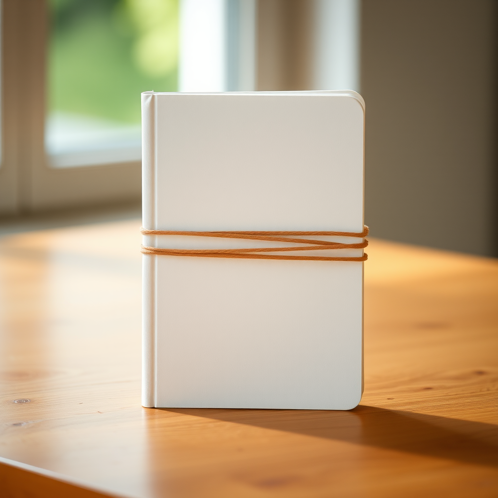 Create a realistic image of a closed white notebook with a rubber band around it, captured with a DSLR camera at f/2.8, ISO 100, 50mm lens, in natural light with a soft focus background.