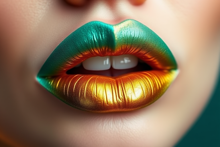 Duo-chrome lips shifting between teal and gold, unique and captivating, showcasing an innovative approach to lip color and texture