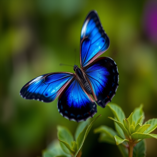 macro shot of a vibrant blue-black butterfly in flight above green leaves, using a Canon EOS 5D Mark IV with a 100mm f/2.8 L macro lens, aperture f/4, shutter speed 1/1000 sec, ISO 200, natural light, shallow depth of field for soft background blur