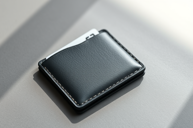 Create a high-resolution image of a minimalist wallet with a card partially visible, using a DSLR camera at f/2.8 aperture, 50mm lens, in natural lighting, with a focus on the wallet's texture and detail.