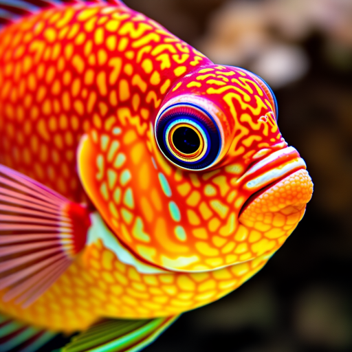 Create a vibrant close-up image of a tropical discus fish with detailed scales and colors, using a macro lens at f/2.8, ISO 100, shutter speed 1/200s, in soft natural lighting to enhance texture and clarity, captured from a slight angle to show depth and detail.
