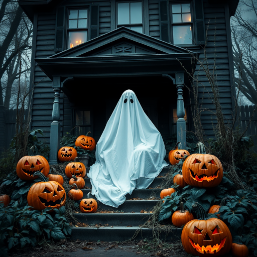 A ghost in a white sheet sitting on the steps of a dark old house surrounded by carved pumpkins with spooky faces and overgrown plants in a Halloween setting