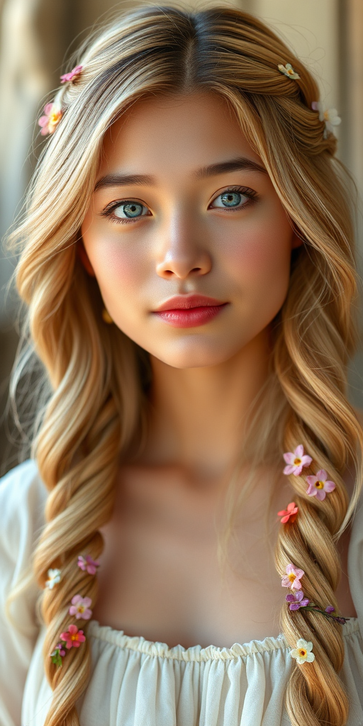 Create an image of a young Filipino woman with long, wavy blonde hair, adorned with small, colorful flowers woven into her braids and loose strands. Her complexion is fair, with soft, glowing skin, and she has light blue eyes that gaze softly at the viewer. She wears a light, flowing dress with a gentle, ethereal quality, complementing her delicate and serene appearance. The background is slightly blurred, drawing focus to her tranquil expression and the intricate details of the flowers in her hair. The overall mood of the image is one of natural beauty and grace, evoking a sense of peacefulness and connection with nature.