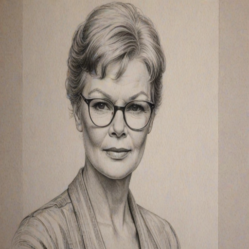 Wonderful Judy Dench, pencil sketch, portrait of Comely woman 1930s in glasses, hair style beatnik, outline, clear lines, fine lines, 8k
