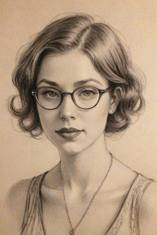 Radiant Jillian Rose Reed, pencil sketch, portrait of Fetching woman 1929s in glasses, hair style beatnik, outline, clear lines, fine lines, 8k