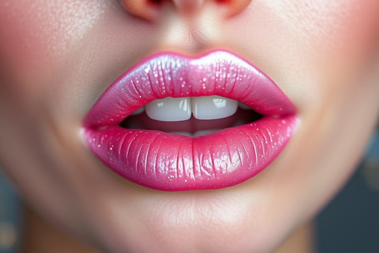 Holographic pink lips dubbed "Galactic Rose" combine a soft pink base with multi-colored sparkles, creating a cosmic and dreamy appearance for celestial-inspired looks