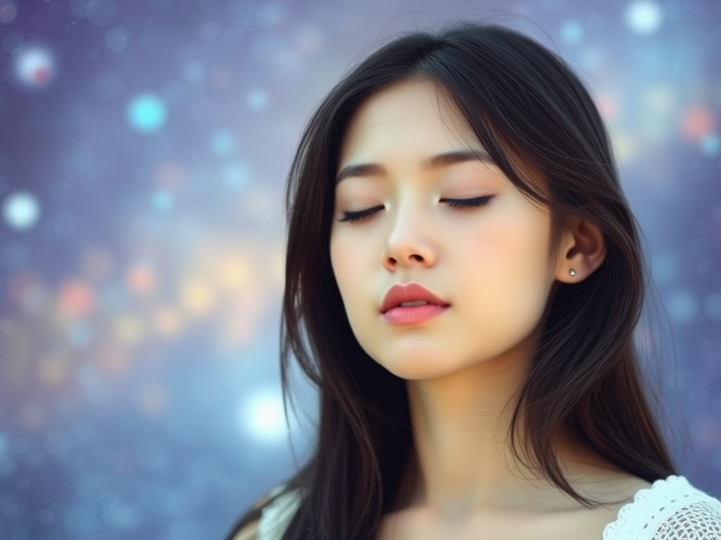 portrait of a young woman with closed eyes and long dark hair, surreal cosmic background, soft focus, aperture f/2.8, shutter speed 1/125s, ISO 100, 50mm lens, natural soft lighting, DSLR camera