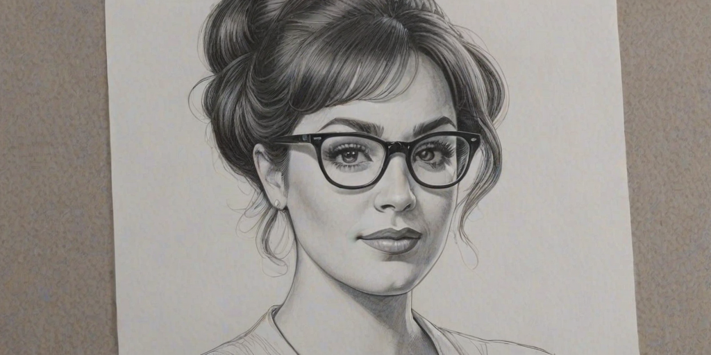 Lovely Marissa Jaret Winokur, pencil sketch, portrait of Delightful woman 1964s in glasses, hair style beatnik, outline, clear lines, fine lines, 8k