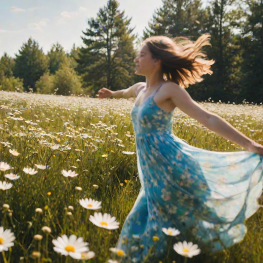 Blurry action shot of a young girl dancing in a field of daisies under a bright blue sky, with soft sunlight illuminating her flowing dress and wildflowers swaying around her.