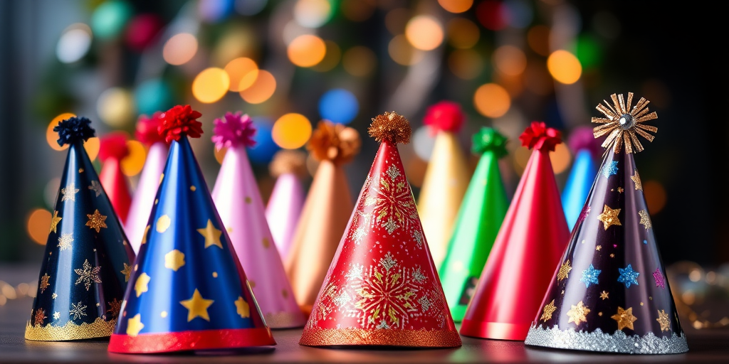 Create an image of various colorful New Year's party hats arranged in a visually appealing way with a blurred festive background, using a DSLR camera, ISO 100, aperture f/2.8, shutter speed 1/60s, in a top-down view, focus on the hats with vibrant colors and sharp details.