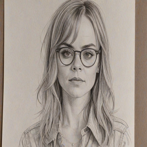 Resplendent Taryn Manning, pencil sketch, portrait of Pleasing woman 1979s in glasses, hair style beatnik, outline, clear lines, fine lines, 8k