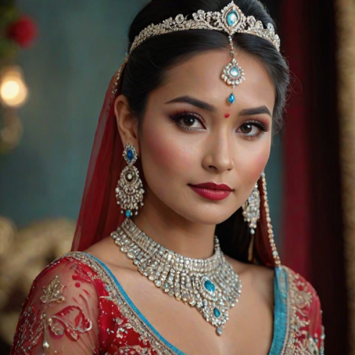 A gorgeous Nepali woman in a luxurious red gown, accessorized with a dazzling tiara and statement earrings, her deep cyan eyes highlighted by impeccable makeup, poised in a royal setting, photorealistic, 8K quality
