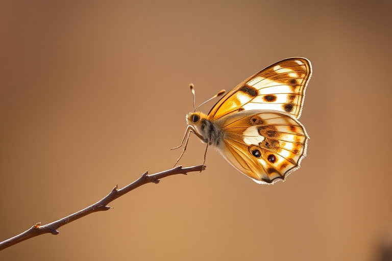 macro shot of a butterfly perched on a twig with a soft blurred background, aperture f/2.8, shutter speed 1/200s, ISO 100, 100mm lens, natural light, DSLR camera