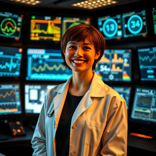 Create an image of a young woman with short brown hair wearing a lab coat, smiling and standing in a high-tech control room surrounded by multiple glowing monitors displaying complex data and graphs, using a DSLR camera with a 50mm lens, aperture set to f/1.8, ISO 400, shot from a slightly low angle to emphasize the monitors in the background for a cinematic look.