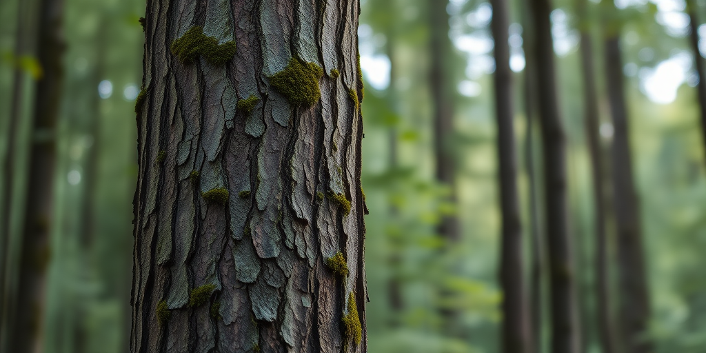 Generate a high-resolution image of a tall tree trunk with textured bark and green moss, shot with a Canon EOS R5, 85mm lens, f/1.8 aperture, ISO 100, natural lighting, shallow depth of field, capturing a blurred forest background for depth.