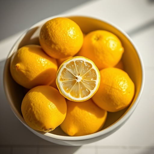 still life photography of a bowl filled with bright yellow lemons with one lemon cut in half, soft natural light from the side, f/2.8 aperture, ISO 100, shutter speed 1/60s, 50mm lens, DSLR camera, matte finish, focus on texture and color vibrancy.