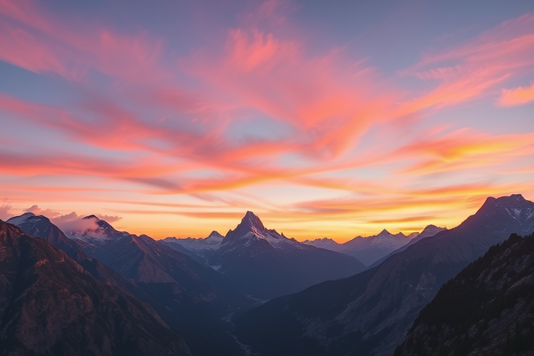 Create a high-resolution image of a majestic mountain landscape at sunrise with vibrant colors and soft clouds in the sky, using a DSLR camera with a 24mm lens at f/8, ISO 100, shutter speed 1/125s, taken from a wide-angle perspective with a slight tilt to emphasize depth.