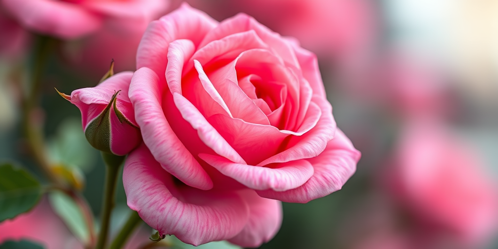 Create a hyper-realistic image of a pink rose with a bud, featuring intricate details and vibrant colors, soft focus background, photographed with a DSLR camera at f/2.8, ISO 100, using a macro lens with natural light to enhance the textures and luminosity.