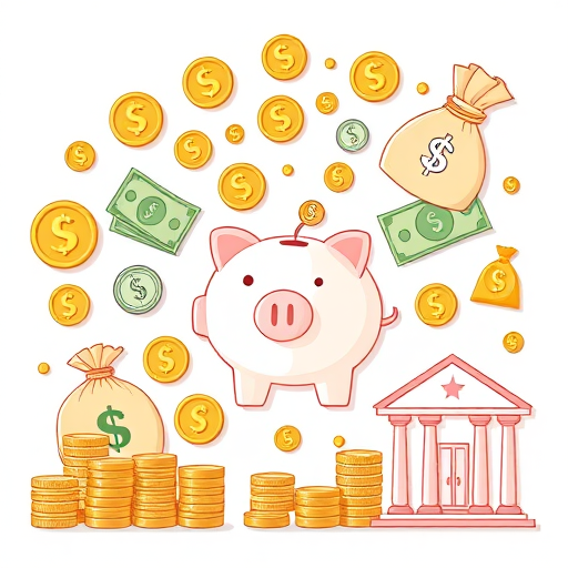 Create a vector-style illustration of money elements including coins, banknotes, a piggy bank, a money bag, stacks of coins, and a bank, with a white background; use a Canon EOS 5D Mark IV, ISO 100, f/8, 50mm lens, and a soft diffused lighting for enhanced clarity and detail.