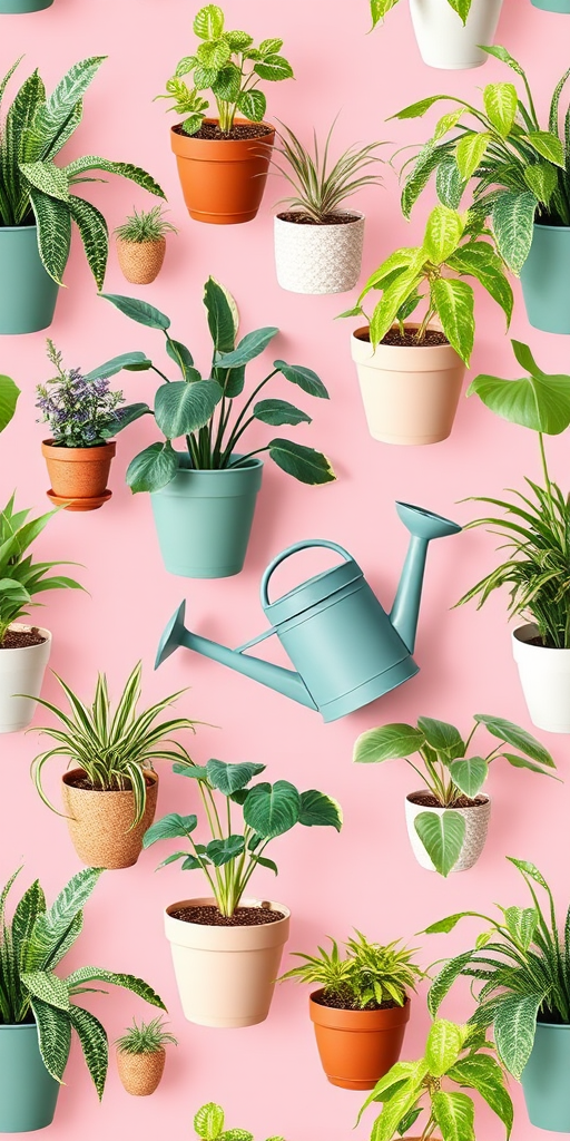 generate a seamless pattern of various potted plants and a watering can with a pink background, use a Canon EOS R6 with a 50mm f/1.8 lens, set aperture to f/5.6, ISO 100, and a soft, natural light style.