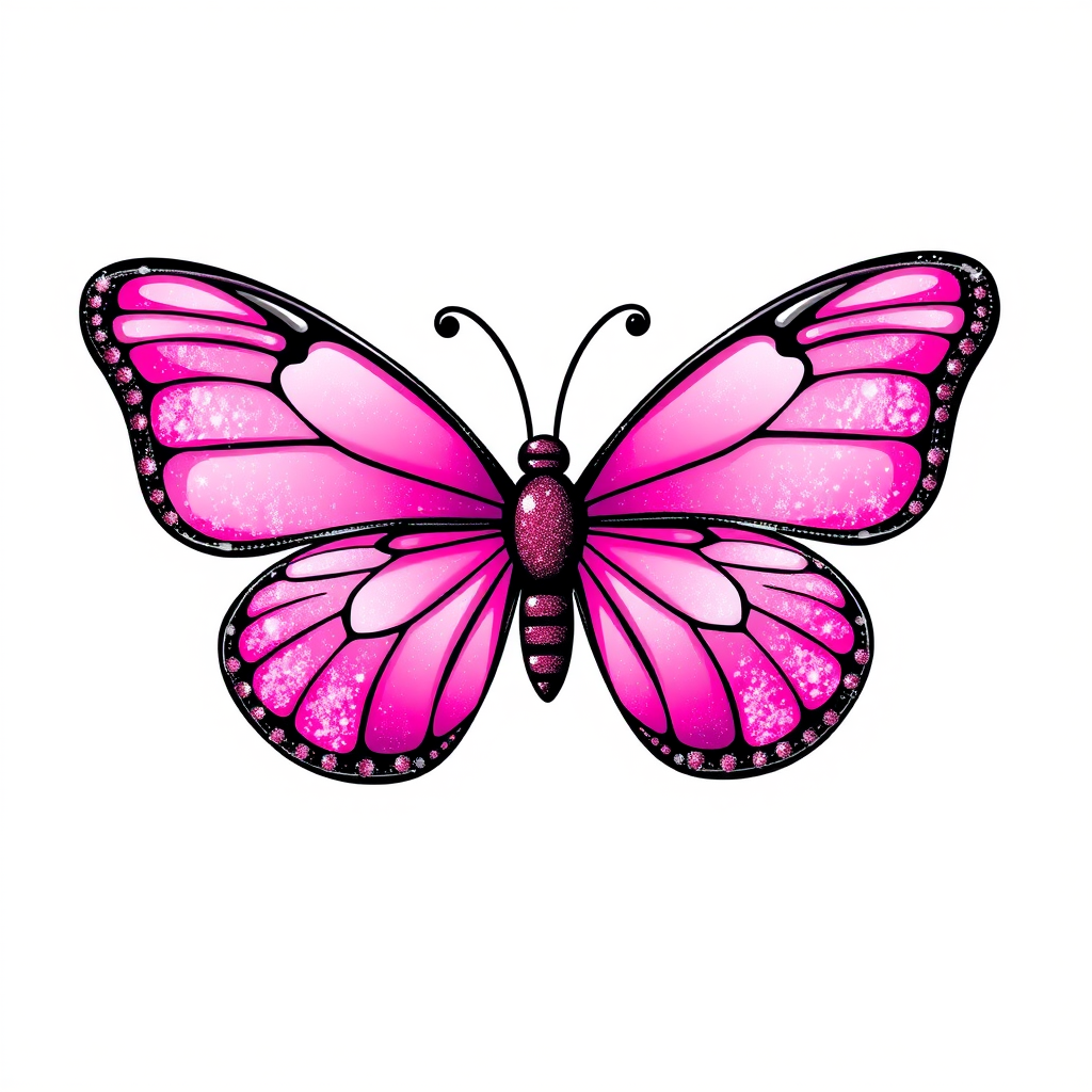 Create an image of a butterfly with vibrant pink wings adorned with sparkling glitter. The butterfly should have intricate black outlines and a smooth, glossy appearance, set against a clean white background.