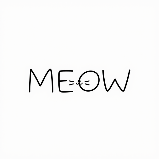 Create an image with a minimalist and cute design featuring the word "MEOW." Use simple black lines on a white background. The letter "M" should resemble a cat's face with ears and whiskers, and the letter "W" should also resemble an upside-down cat face. Add small blush marks on the cheeks of the cat faces for a charming touch.