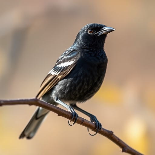 Capture a close-up of a starling perched on a branch with a blurred natural background, f/4.0 aperture, 1/500s shutter speed, ISO 200, using a 100mm macro lens, natural light, and a shallow depth of field for enhanced detail and clarity.
