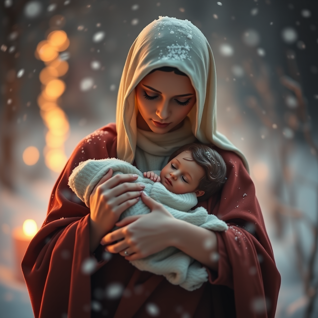 Create a serene and warm image of the Virgin Mary holding the Baby Jesus, surrounded by gentle snowfall and soft glowing light, using a Canon EOS R5, 85mm f/1.2 lens, aperture set to f/2.8, ISO 100, natural soft lighting, and a soft-focus background to enhance the emotional quality and detail.
