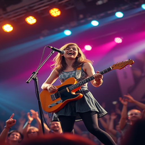 Create an illustration of a female musician passionately performing on stage with a guitar, surrounded by vibrant stage lights and an energetic crowd, using a Canon EOS R5, 50mm lens, f/1.8 aperture, ISO 800, with a cinematic style and a slightly low-angle view to capture the excitement of the performance.