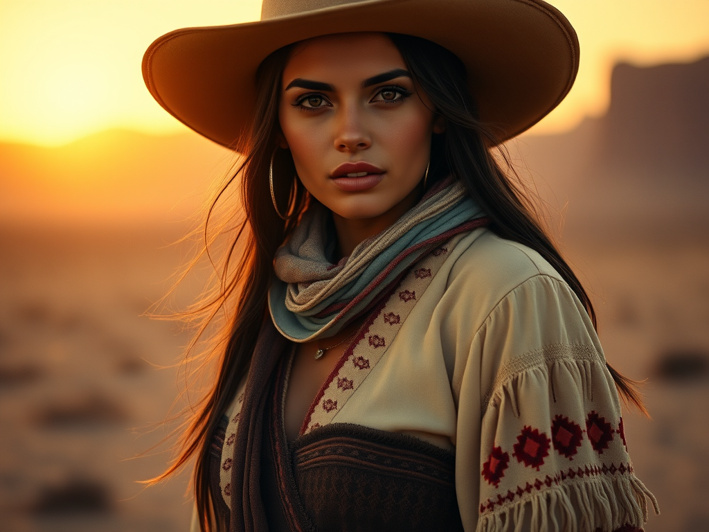 Dramatic photo of a beautiful Romani woman, classic cowboy attire, confident and free spirit expression, half-length portrait, centered, golden hour desert landscape, warm, diffused light, low angle, medium format film camera, in style of Annie Leibovitz.
