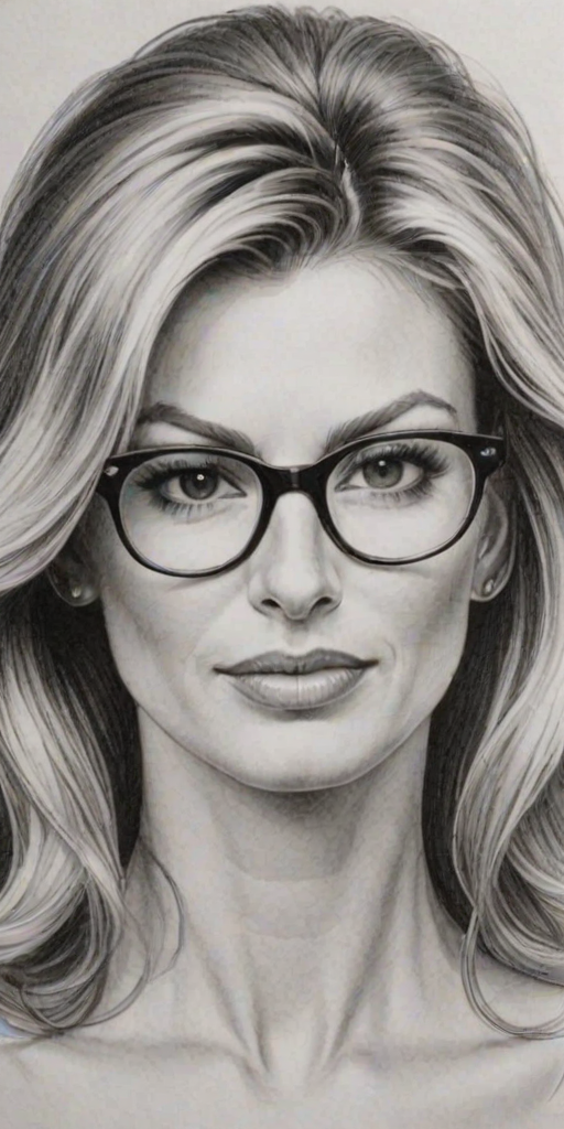Captivating Faith Hill, pencil sketch, portrait of Bewitching woman 1943s in glasses, hair style beatnik, outline, clear lines, fine lines, 8k