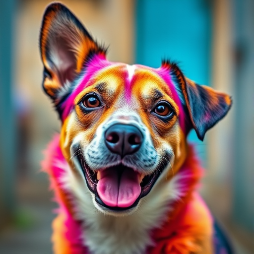 Create a vibrant, colorful portrait of a dog with an artistic flair using a DSLR camera, 50mm lens, f/1.8 aperture, ISO 100, natural light, and a shallow depth of field for enhanced image quality.