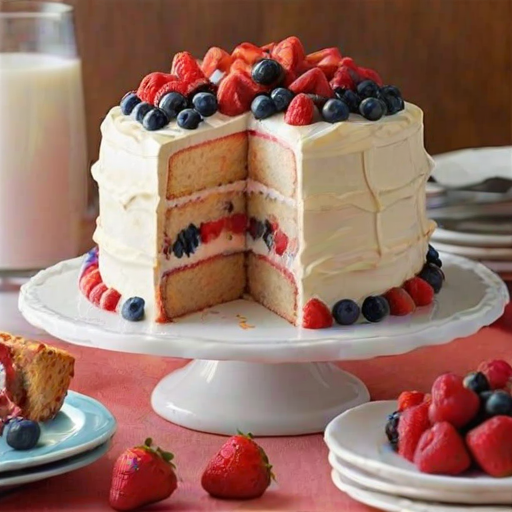 Create an image of a three-layer cake with a light sponge base. The cake has alternating layers of fresh strawberries, blueberries, and raspberries, filled with creamy frosting. The top is decorated with a smooth layer of frosting and garnished with whole berries. Place the cake on a white plate, and include a glass of milk in the background. The setting should have a bright, inviting atmosphere.